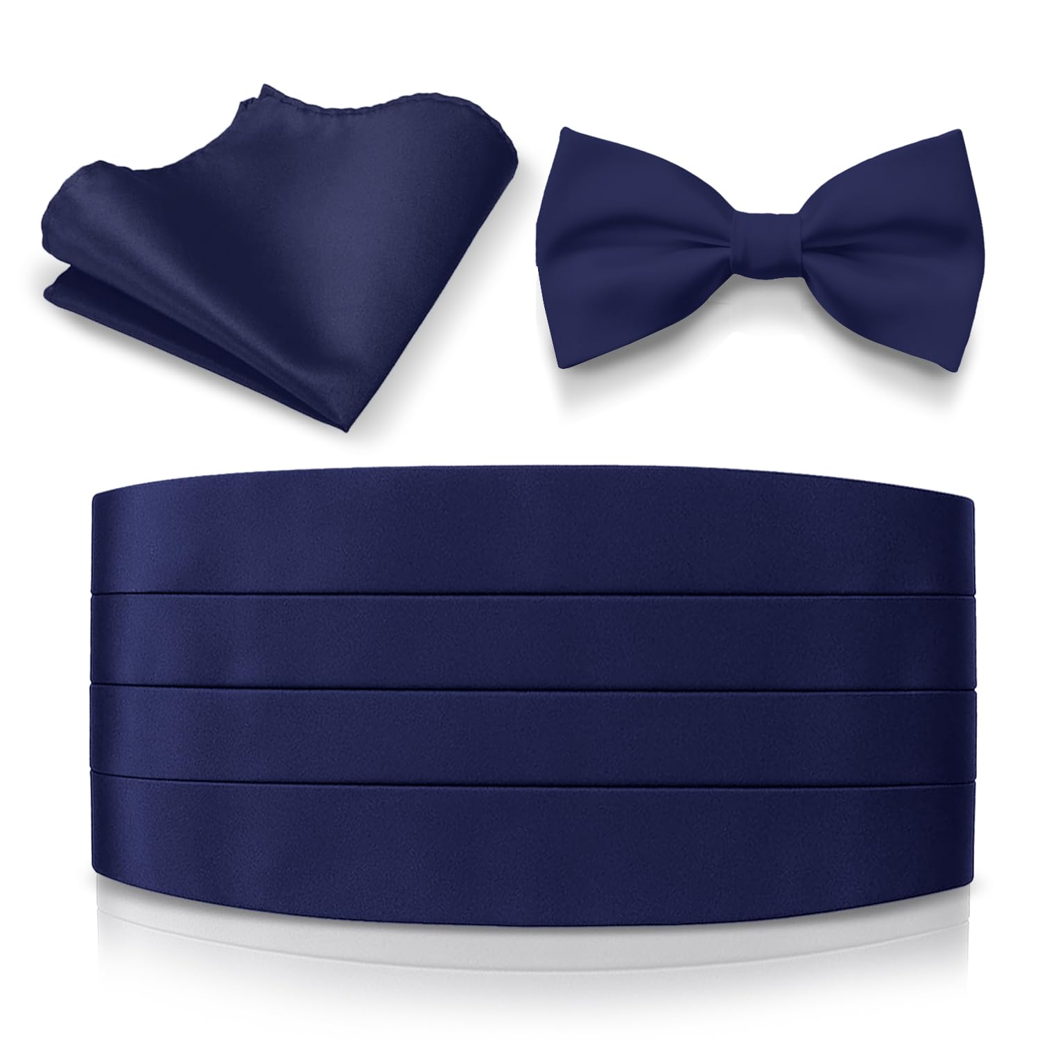 Platinum Hanger Mens Satin Cummerbund Bowtie Hanky set, 4 Pleat, Large Variety of Solid Colors Available (Navy)