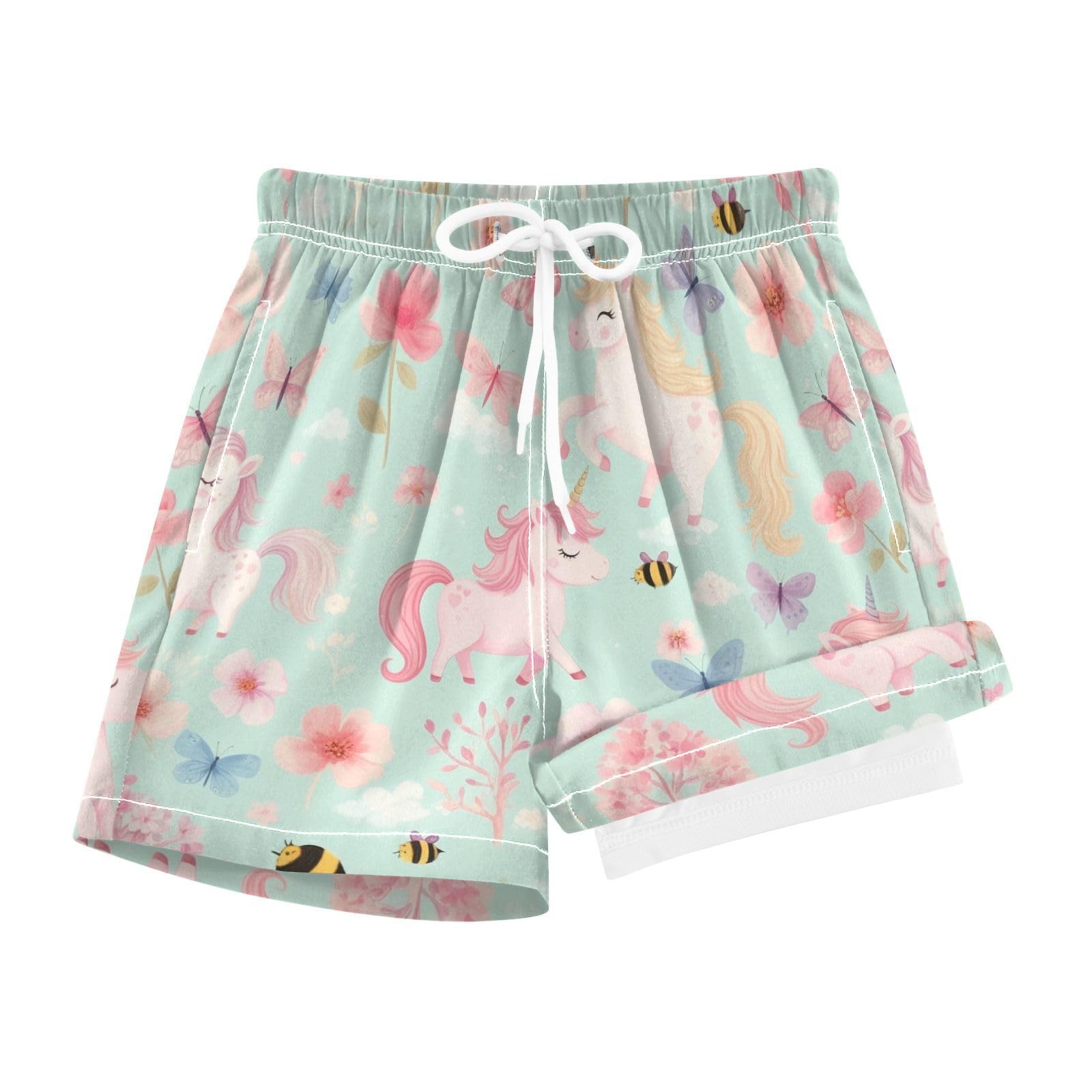 YANENDIE Boy Swim Trunks with Compression Liner Cute Horse with Butterflies Boys Swim Shorts Quick Dry Beach Shorts