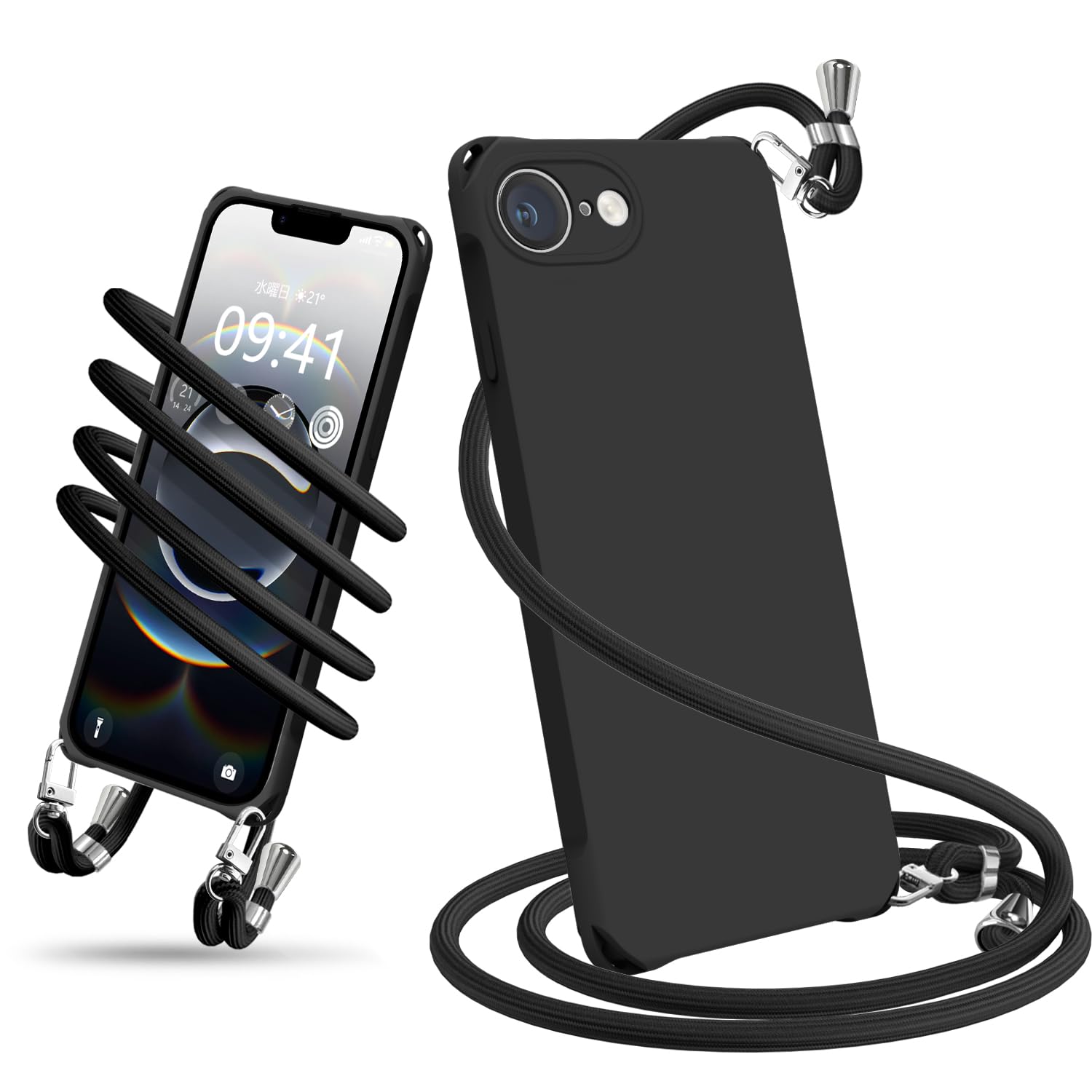 Wodiguson 用の iPhone 16e/17e 用 ケース ショルダー シリコン 液体シリコン スマホケース アイフォン 16e/17e カバー 耐衝撃 肩掛け 斜めかけ 縄掛けケース 薄型 軽量 紐付き 斜めがけ 織りストラップ付き ネックストラップ 長さ調整可能 取り外し可能(ブラック)