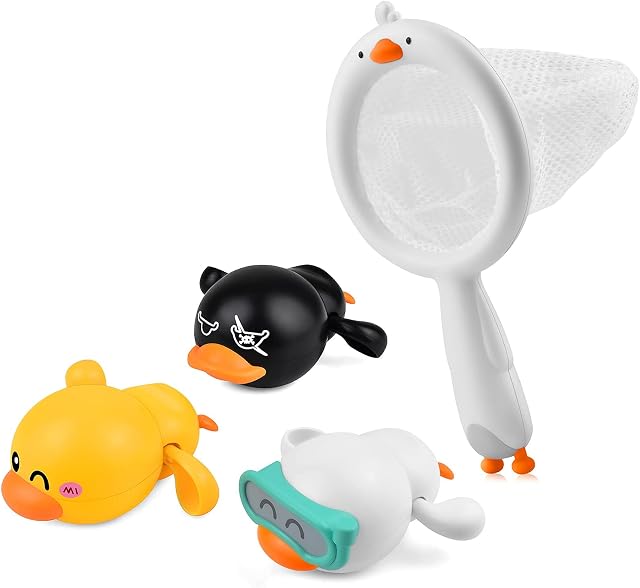 INvench Baby Bath Toys Floating Wind-up Ducks Swimming Pool Games Water Play Set Gift for Bathtub Shower Beach Infant Toddlers Kids Boys Girls Age 1 2 3 4 5 6 Years Old (3 Ducks& 1 Net)