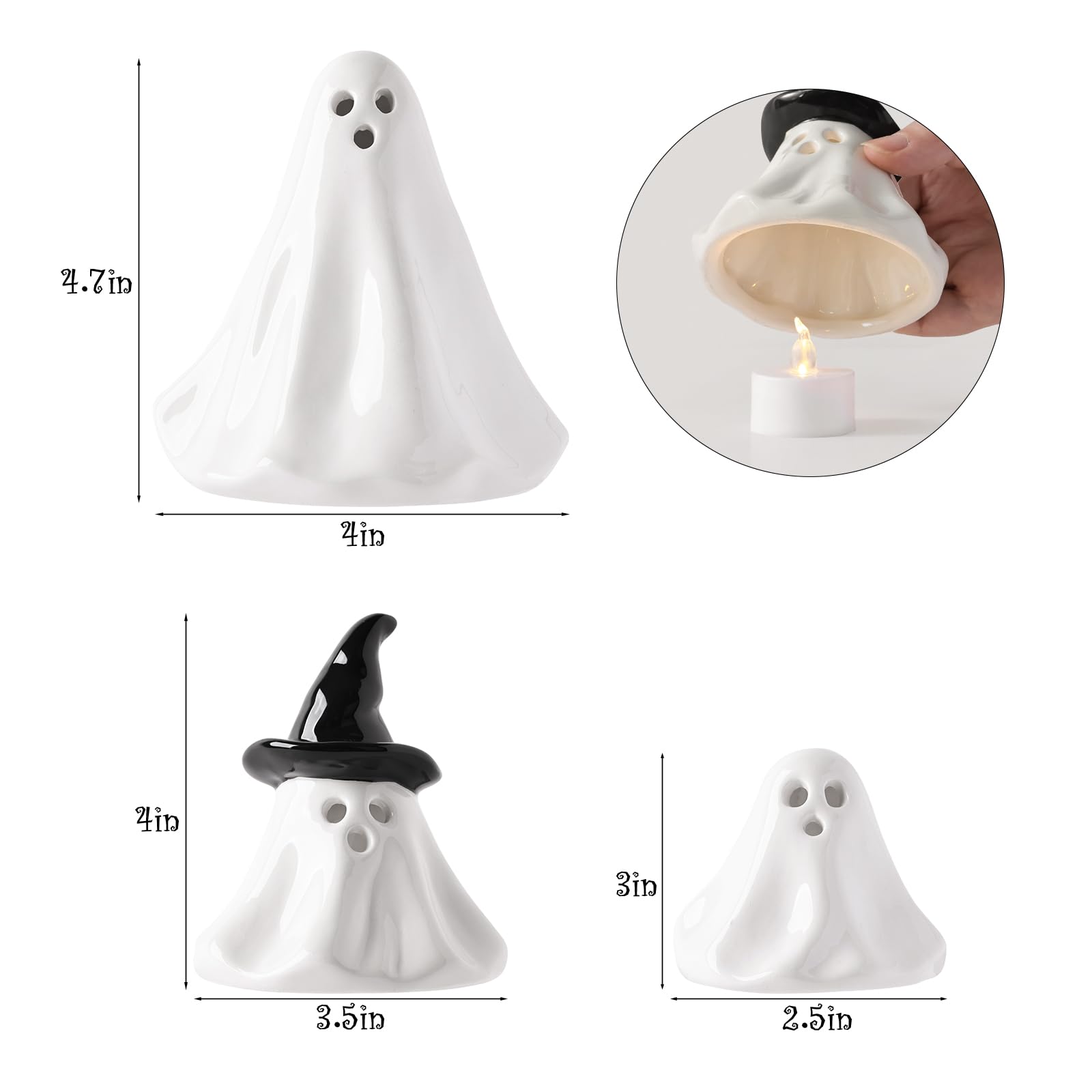 Halloween Ghost Decorations Indoor: Set of 3 Black White Light Up Ceramic Ghost Decor, Cute Halloween Decor Figurines with LED Tea Lights for Table Desk Mantel Home Office Farmhouse Girls Kids Party