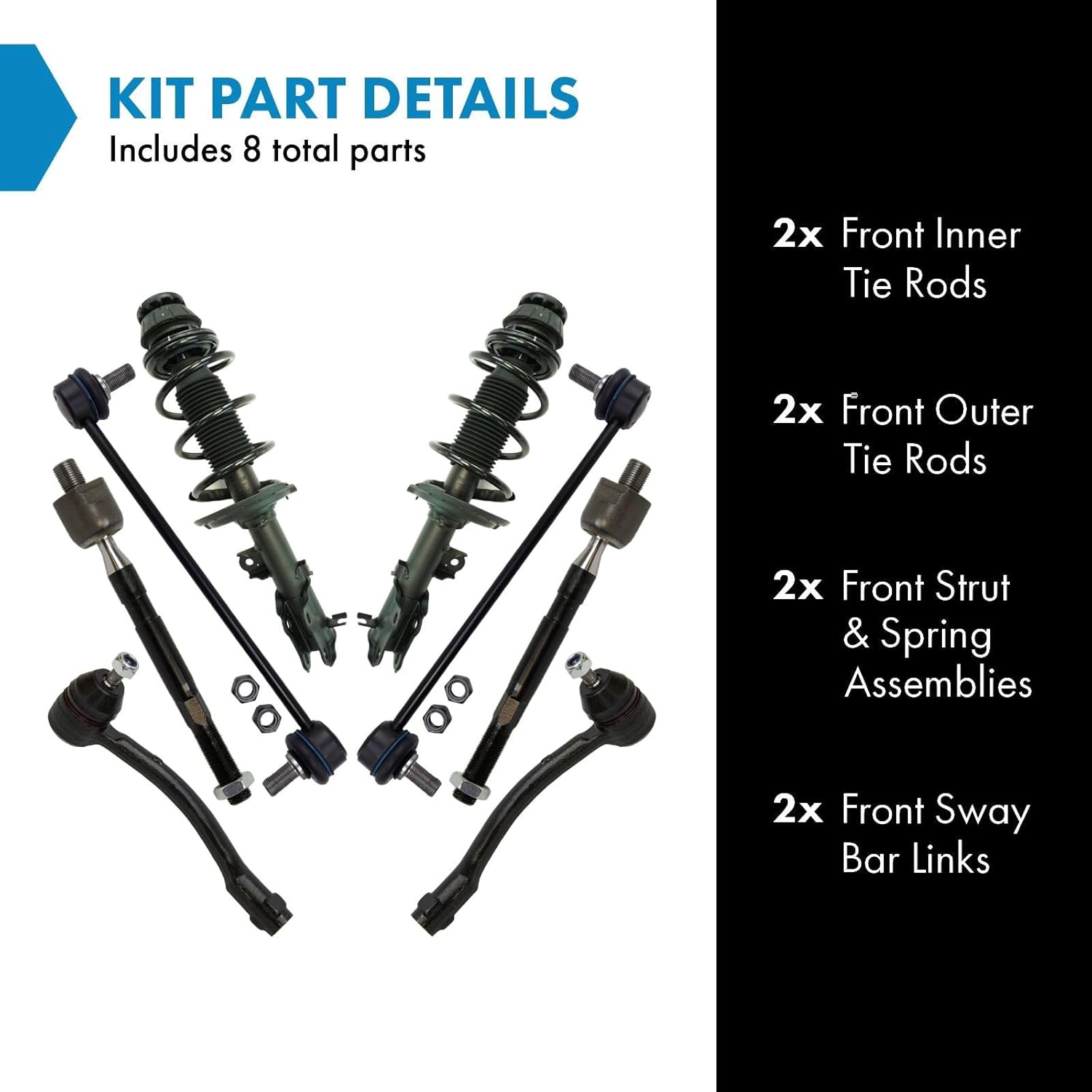TRQ Front Steering & Suspension Kit Complete Strut & Coil Spring Assembly Sway Bar Stabilizer Link Tie Rod Compatible with 2012-2017 Hyundai Accent Kia Rio
