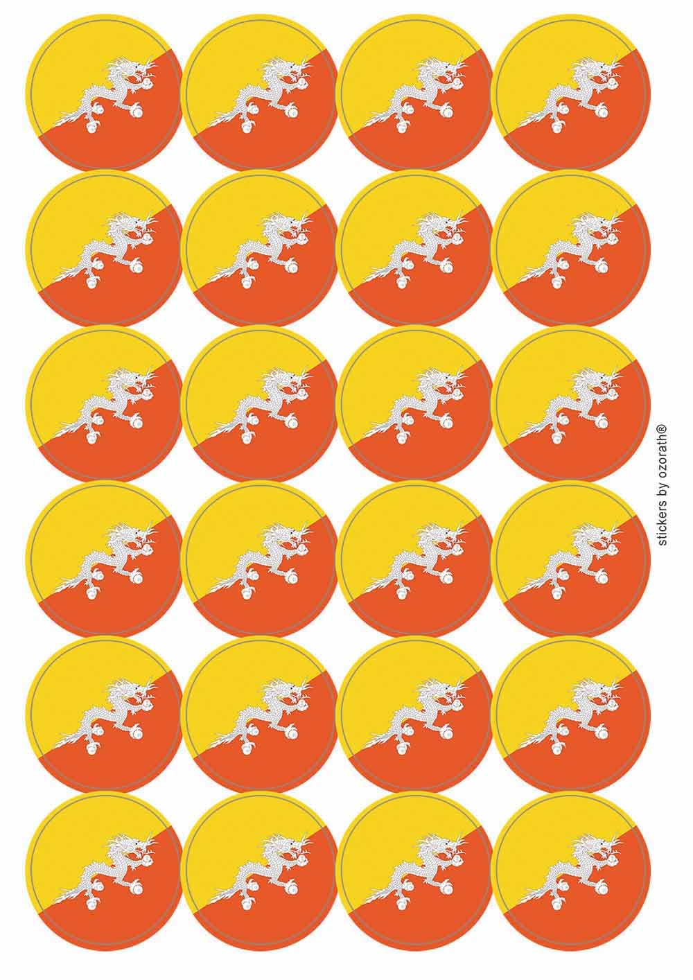 Bhutan National Flag Circular Matt Paper Stickers A4 Sheet of 24 (Each Sticker is 45mm Diameter)