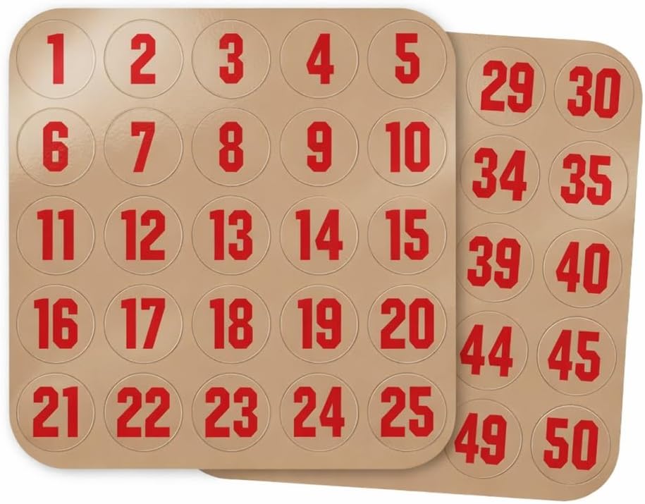 Numbered Punchout Decals, Red on Clear, 20mil Thick Vinyl for Helmets (Football, Lacrosse, Baseball, Softball, Hockey) Made in The USA, 50 Total Stickers, Numbered 1-50, Toughest Helmet Decals