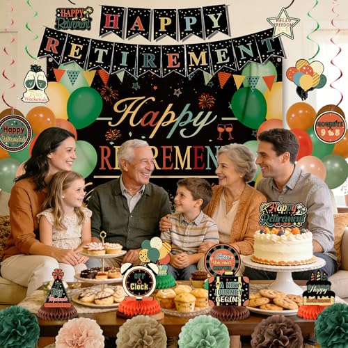Image of Retirement Party Decorations for Men Women Vintage Happy Retirement Banner Backdrop Balloons Paper Pompoms Honeycomb Centerpiece Cake Topper Hanging Swirl Set