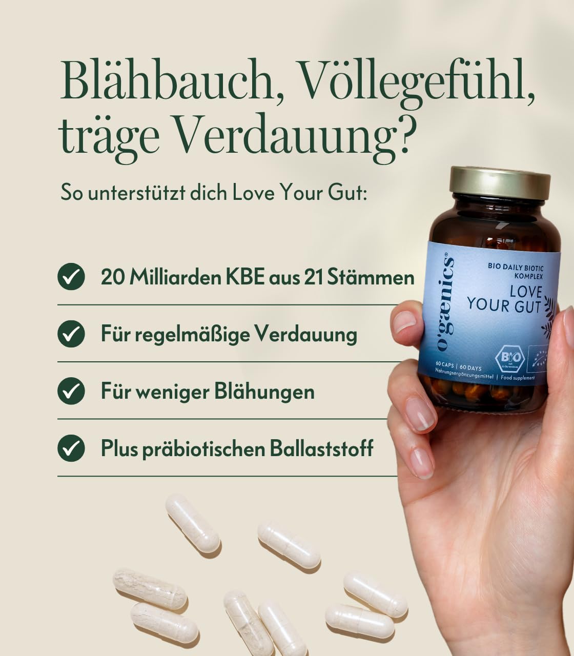 Ogaenics Love Your Gut Darmbakterien Komplex: 21 Stämmen + Inavea™ Bio-Akazienfaser, u.a. Lactobacillus & Bifidobakterien, 20 Mrd. KbE/Kapsel, vegan, bio, laborgeprüft, produziert in DE, 60 Kapseln