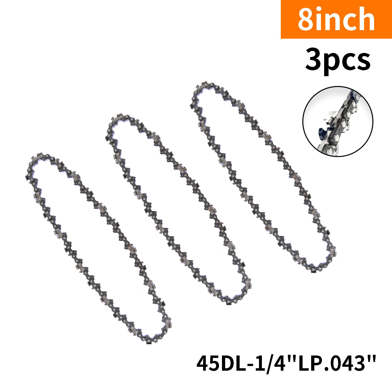 3 mini cadenas de motosierra de 8 pulgadas, paso LP de 1/4 pulgadas, calibre de 0.43 pulgadas, 45 eslabones de transmisión, cadenas de repuesto para mini motosierra portátil, cadena de sierra guía