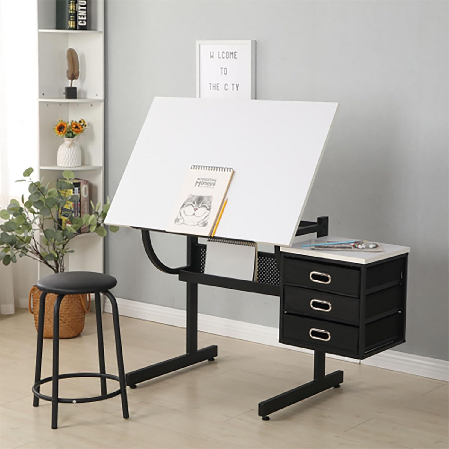 Adjustable Drafting Table, Art Table Craft Drawing Desk, White 0-75° Tilting Artist Desk, Painting Work Station, with Stool, 3 Drawers, for Drawing, Crafting, Reading