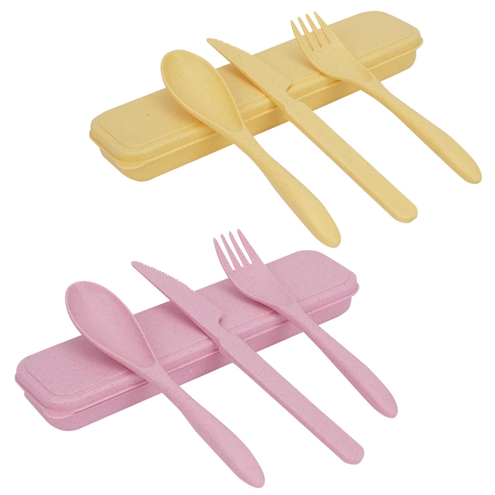 2 Sets Reusable Cutlery Set with Case, Travel Fork Knife Spoon Set, Portable Plastic Cutlery Set for Picnic School Office Lunch (Pink, Yellow)