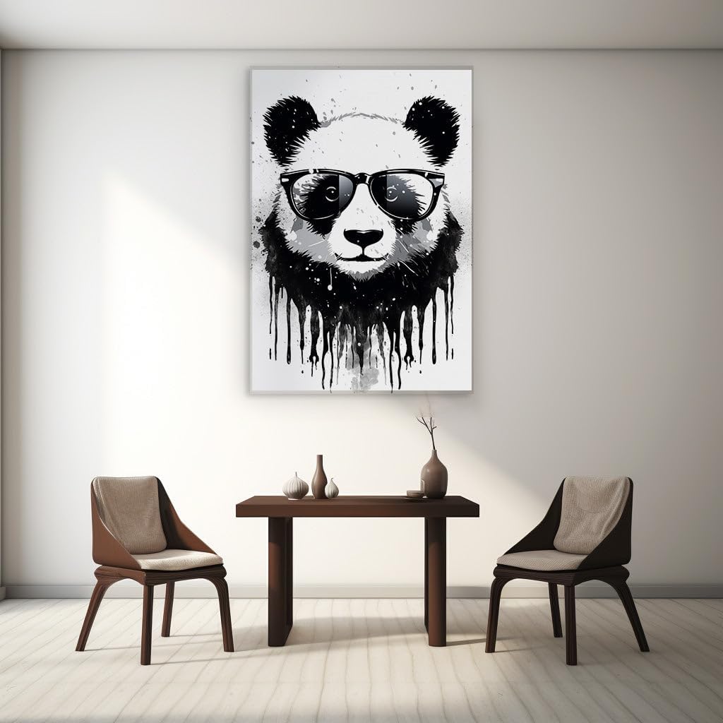 Canvas for Living Room. Stylish Panda in Shades: Monochrome Art with a Splash of Avant-Garde Elegance, 27 x 18 inch Canvas Wall Art - Modern Home Decor