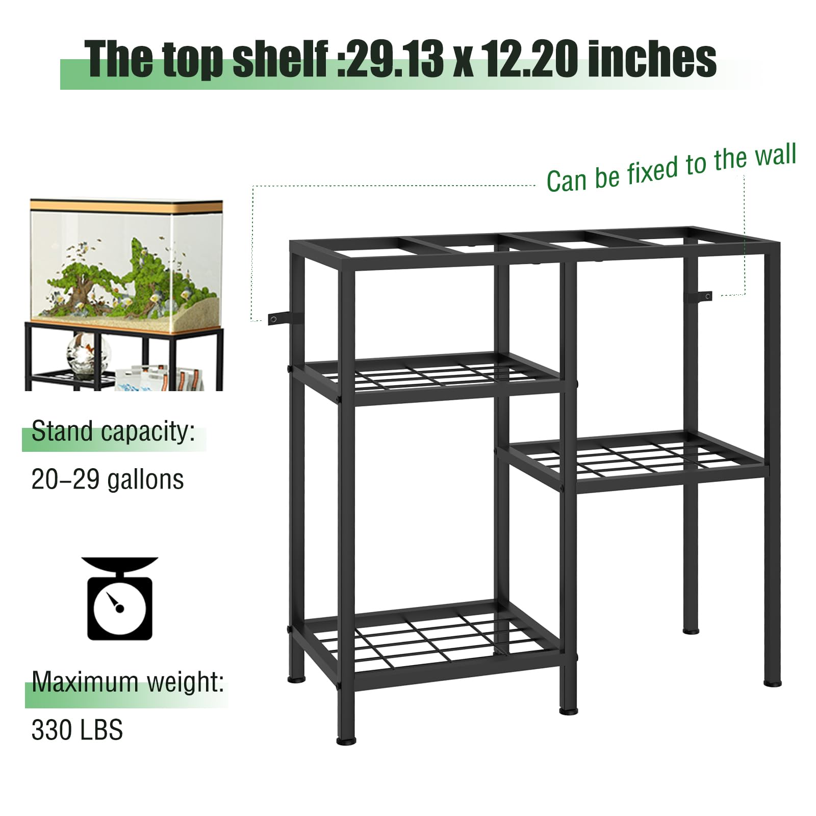 YBING Support d'aquarium de 20 gallons avec étagère en métal à 3 niveaux, noir