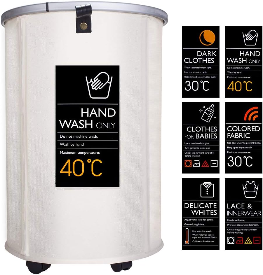 IHOMAGIC Rolling Laundry Hamper Large Laundry Basket with Wheels Collapsible Round Tall Dirty Clothes Storage Basket Folding Washing Bin with Coriaceous Handles (Beige)