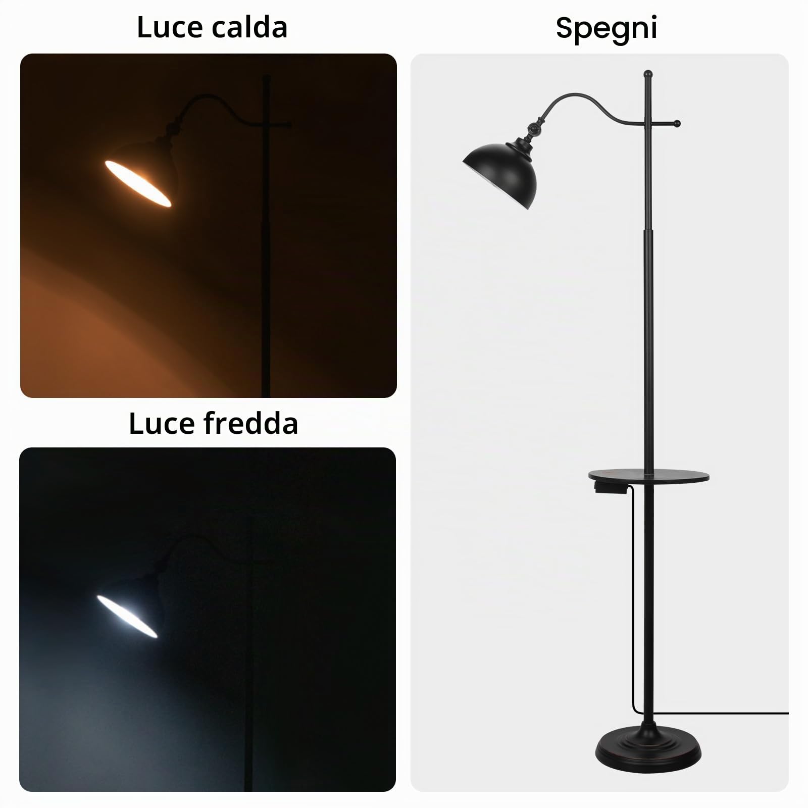 Lampada da Terra con Ripiani, Lampada da Terra Industrial&Vintage E27 con Ricarica Wireless e 2 Porte USB, Lampada Angolare da Terra Nera per Soggiorno, Camera da Letto e Ufficio