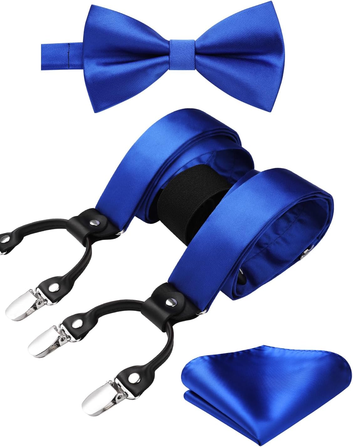 HISDERN Bow Tie and Suspenders for Men Suspender and Bowtie Handkerchief Set Adjustable Y Shape 6 Clips Wedding Brace