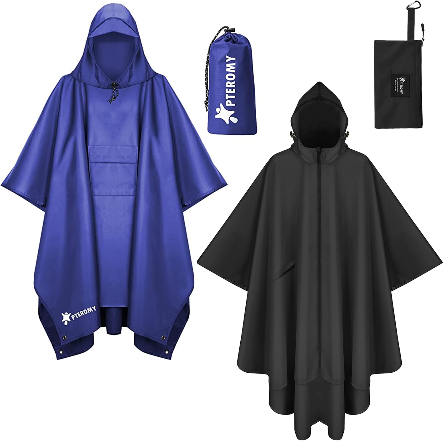 PTEROMY Hooded Rain Poncho with Pocket+Hooded Rain Poncho with Pocket and Zipper