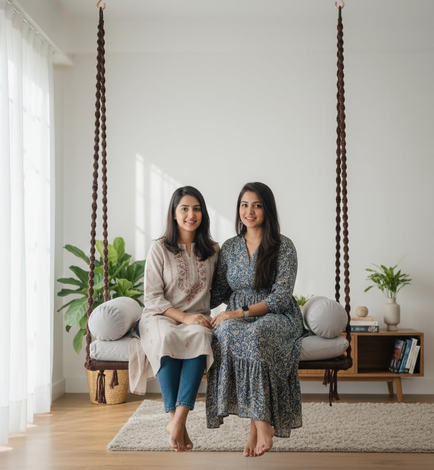 Patiofy Premium 2 Seater Swing for Adults/Swing Chair/Swing for Balcony/Jhula for Adults/Double Seater Swing with Grey Cushion & Hanging Kit/Swing for Indoor and Outdoor (Brown)