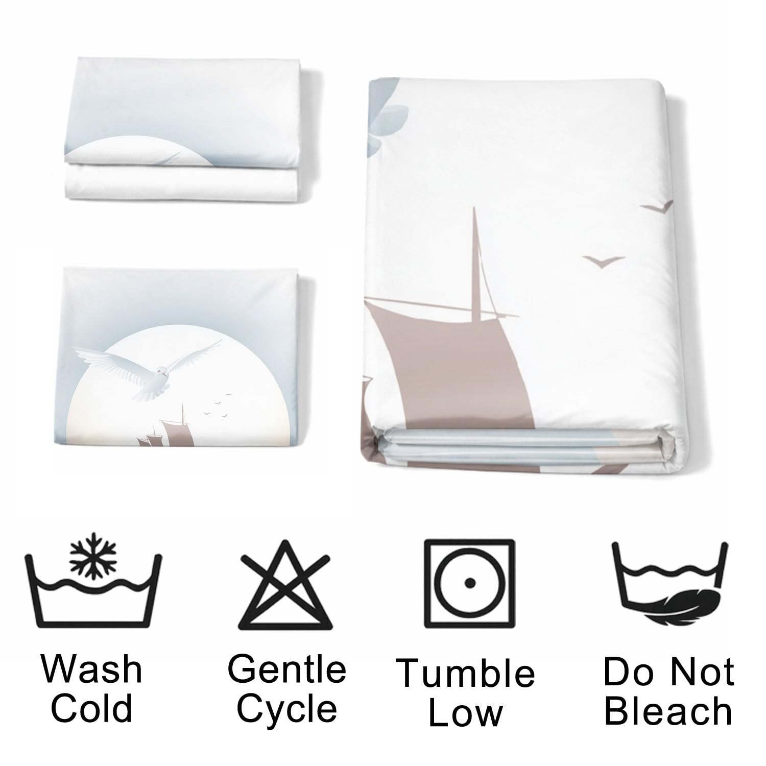 Genérico Funda Nordica Cama 135-200 x 200 cm, Suave Microfibra Juego de Funda Edredon, Grácil Velero Gaviota Luna para Niños, Blanco, Minimalista, Reversible, Agradable para la Piel