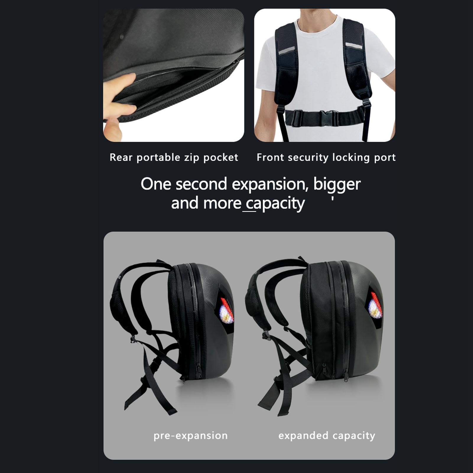 SEAFRONT Sac à Dos LED avec Affichage Programmable, ABS, étui Rigide 3D étanche, Sacs de Casque pour Ordinateur Portable, Accessoires de Moto