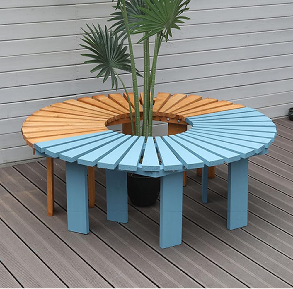 Garden Semi-circular Tree Bench Park Bench, Terrace Fan-shaped Garden Seat Garden Bench, Anti-corrosion Solid Wood Curved Flower Stool Outdoor Furniture Curved Balcony Flower S(Color:Light Blue)