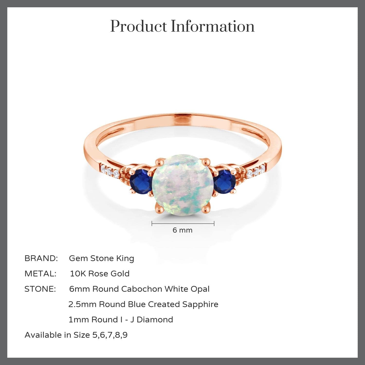 Gem Stone King 10K Rose Gold White Simulated Opal Blue Created Sapphire and Diamond Accent 3-Stone Engagement Ring For Women (0.50 Cttw, Round Cabochon 6MM, Gemstone October Birthstone)
