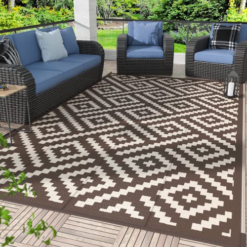 Image of GENIMO Outdoor Rug, Waterproof Plastic Rugs for Patio, 5'x8' Coffee Beige | Outside Larger Modern Carpet Mat for Porch Decor, Deck, Balcony, Camping, RV, Backyard, Picnic, Beach, Reversible, Foldable
