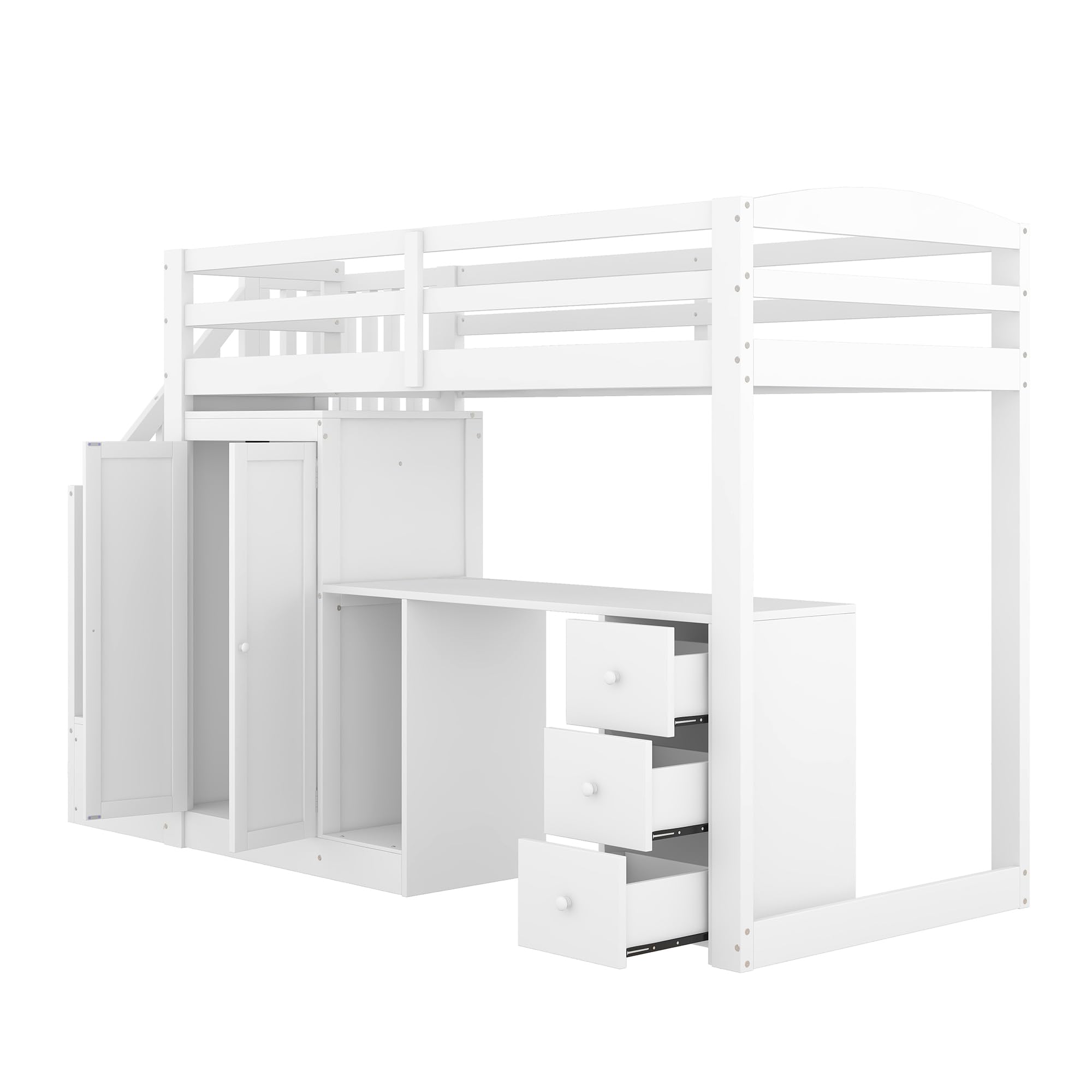 Gegtuon Kinderbett Bett 90x200 für Kinder mit Schreibtisch und Kleiderschrank, Hochbett Hausbett mit Stauraum Schubladen und Treppe, Bettgestell mit Lattenrost und Rausfallschutz, ohne Matratze, Weiß