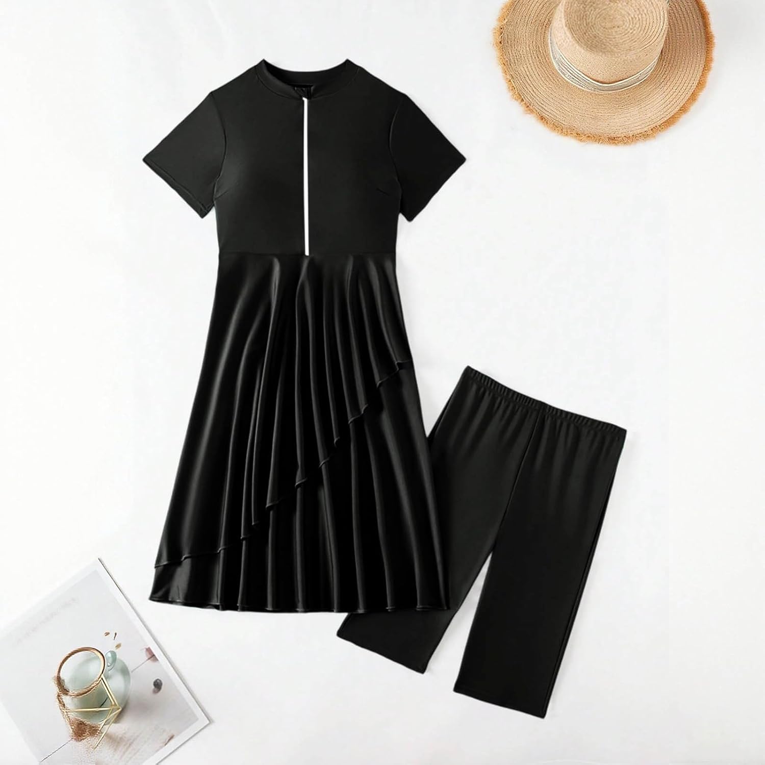 HGps8w Women's Short Sleeve Rash Guard Zipper Front Two Pieces Swimsuits Full Coverage Modest Swimwear Bathing Suits