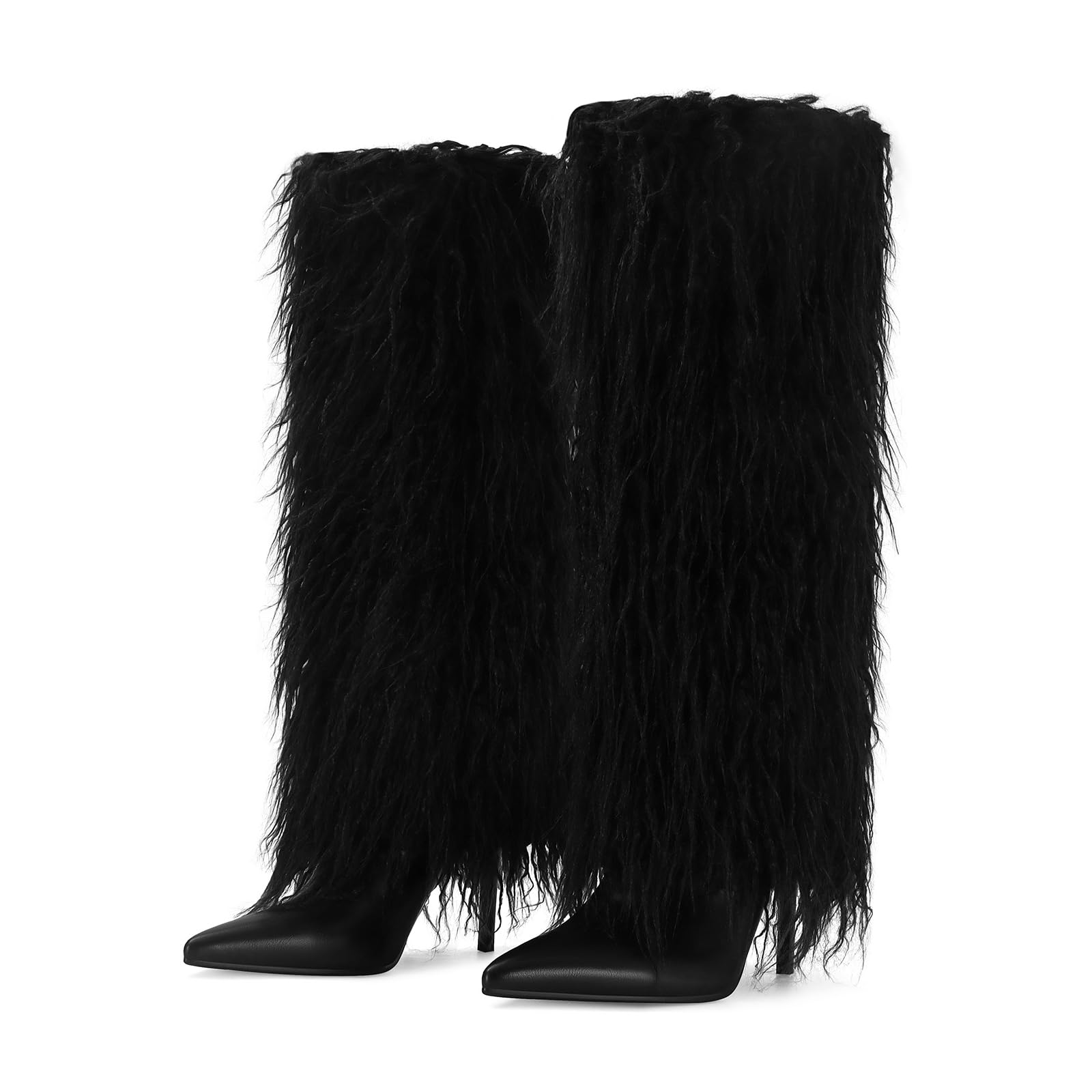 Fur Knee High Boots for Women Pointed Toe Stiletto Heel Fold Over Tall Boots Fashion Wide Calf Long Booties: 9.5 Black