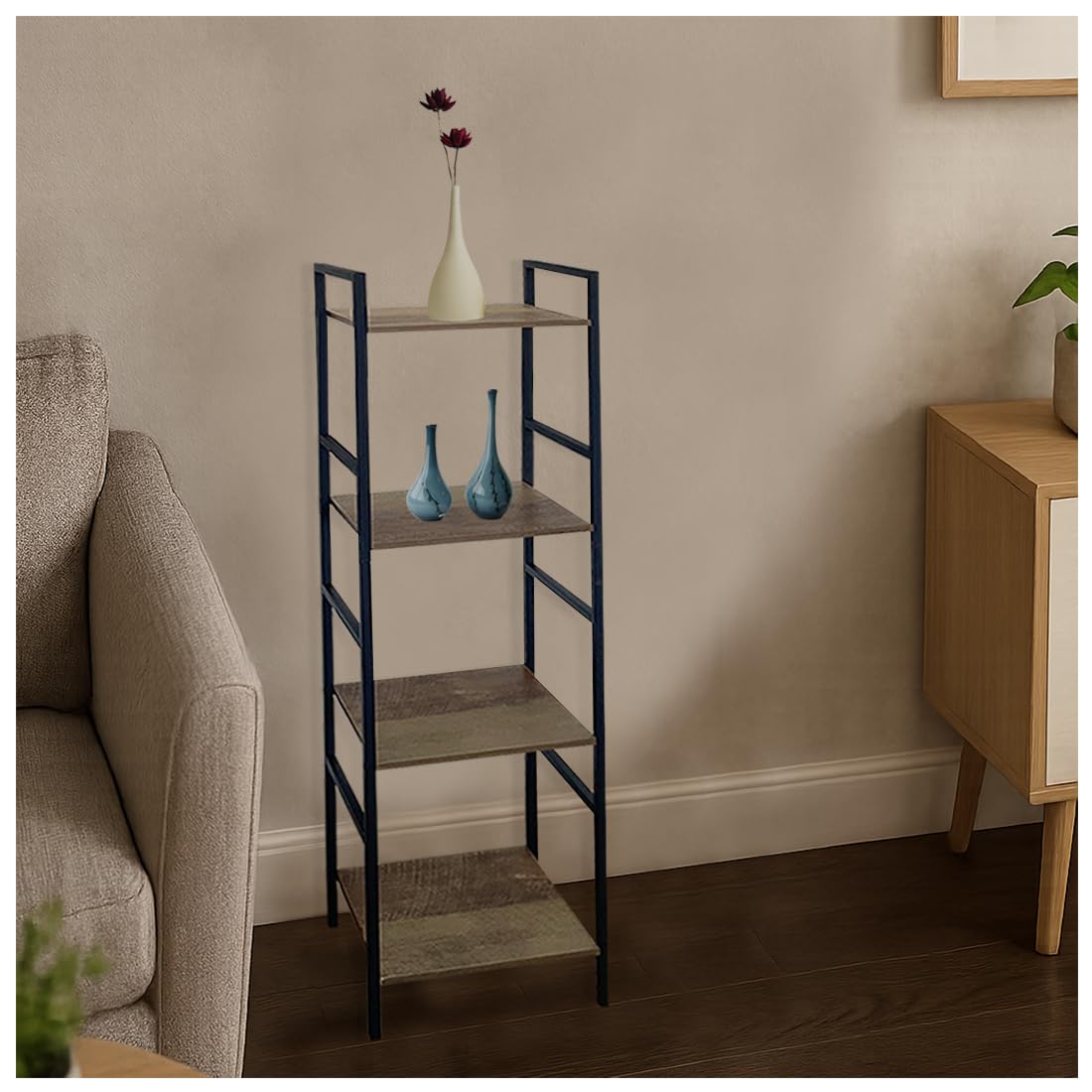 Acomoda Textil – Estantería Librería para Almacenamiento de Acero Negro Y Madera. Mueble Organizador para Salón y Dormitorio Fácil Montaje. (4 Estantes, 106,5X29,5x23,5 cm)