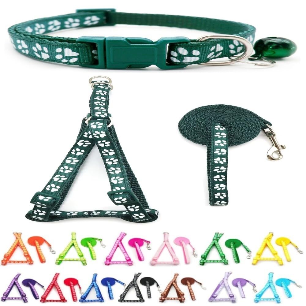 Small Dog Puppy Pet Collar Harness and Lead 3 Piece Set Pawprint Design Nylon Adjustable Neck Size 19-32cm and Chest Size 21-34cm with 120cm Leash Bottle Dark Green