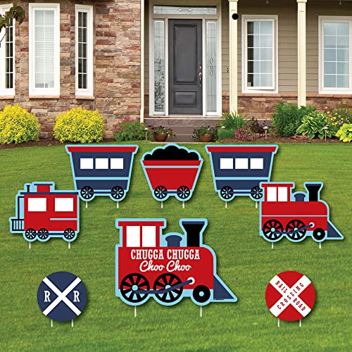Image of Big Dot of Happiness Railroad Party Crossing - Outdoor Lawn Decorations - Steam Train Birthday Party or Baby Shower Yard Signs - Set of 8