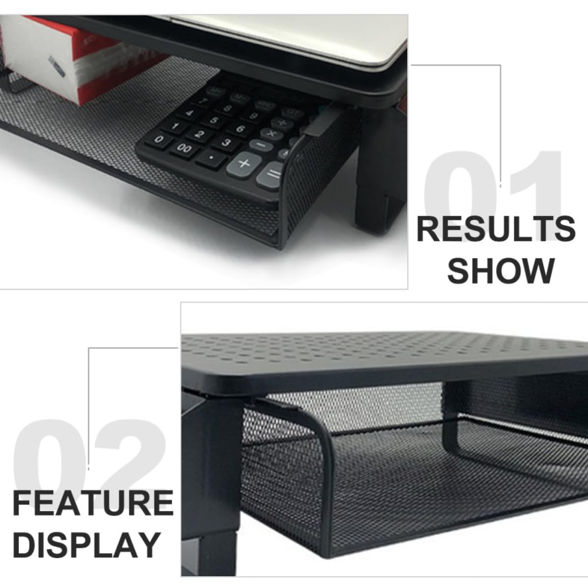 CALLARON Soporte para Monitor, Estante Elevado para Computadora Portátil, Hierro, Panel de Malla Orificios, Negro, Capacidad de Carga Máxima 20kg, Protege las Vértebras Lumbares