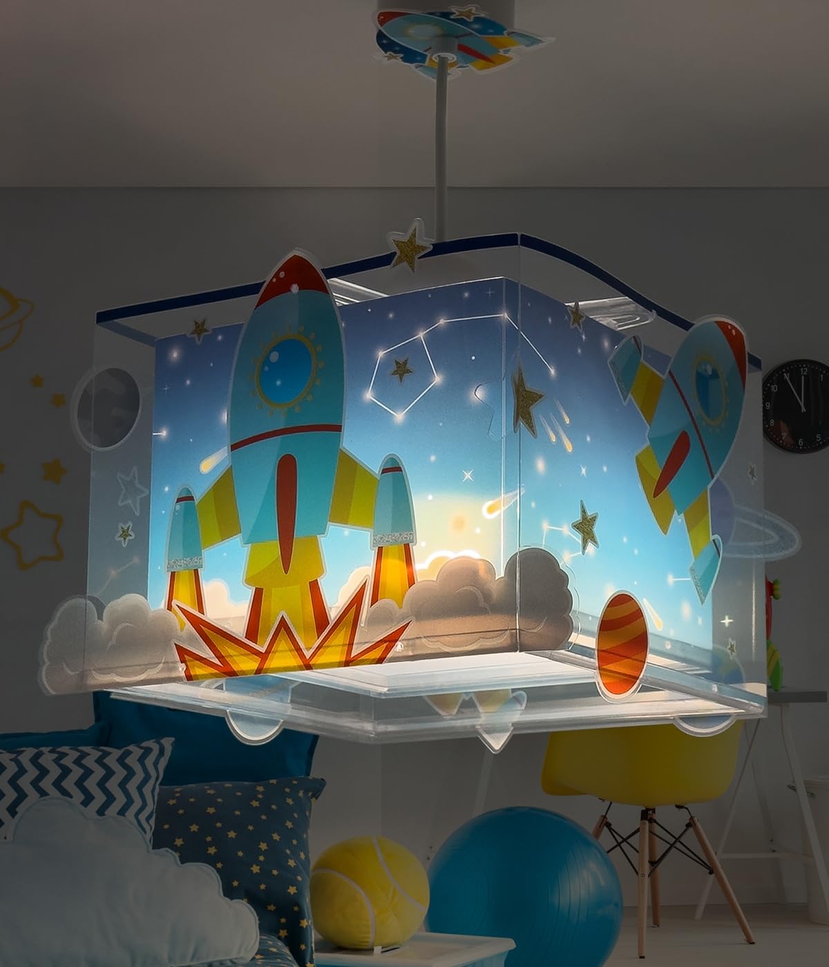 Lampada a sospensione per bambini Dalber Rocket, razzo spaziale e sistema solare, 63352M, attacco E27, lampade per bambini, cameretta per ragazzi.