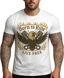 Camiseta de moto 'Born to Ride Live Free', diseño águila y pistones, color blanco