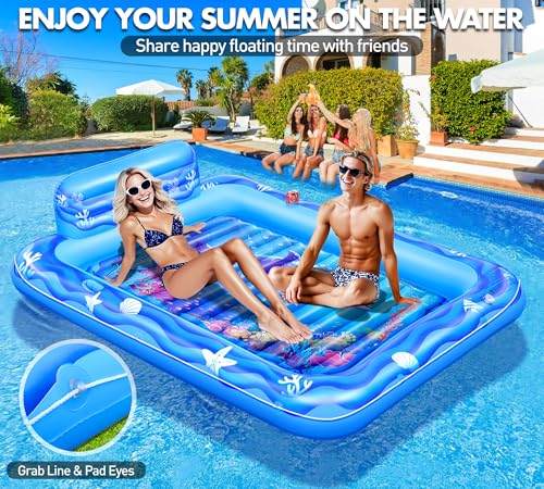 Miniatura 6 de Lanblu Colchonetas Hinchables Para Piscinas, Flotadores Piscina Adultos Con Divertido Mundo Marino, Playa Colchoneta Piscina Adultos Gigante Con Posavasos Respaldo, 205 150cm Colchón Hinchable Piscina