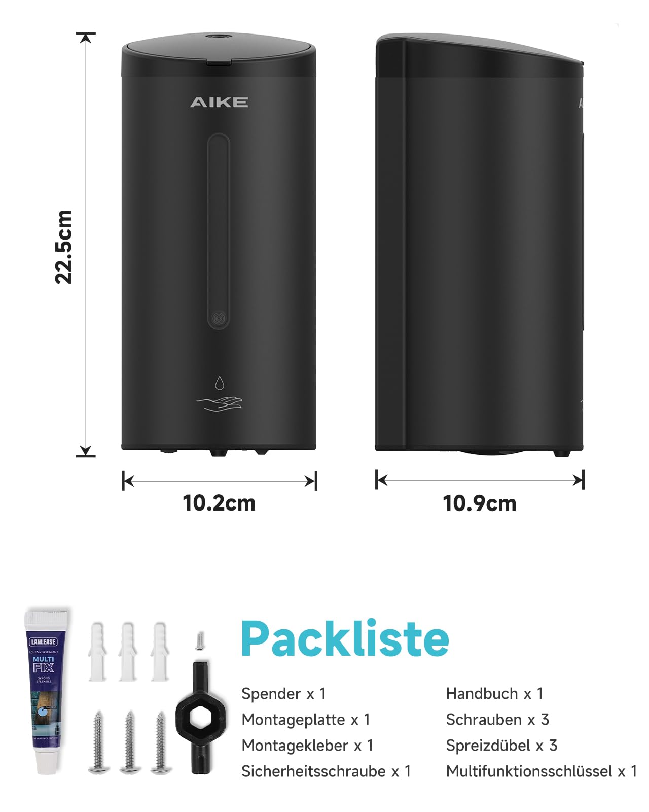 AIKE Klassischer Automatischer Seifenspender,Edelstahl Optik, AK1205E | 740 Ml Großes Fassungsvermögen, Fünf Stufen Einstellbar, Wasserdichter Seifenspender, Geeignet Für Den Gewerblichen Gebrauch