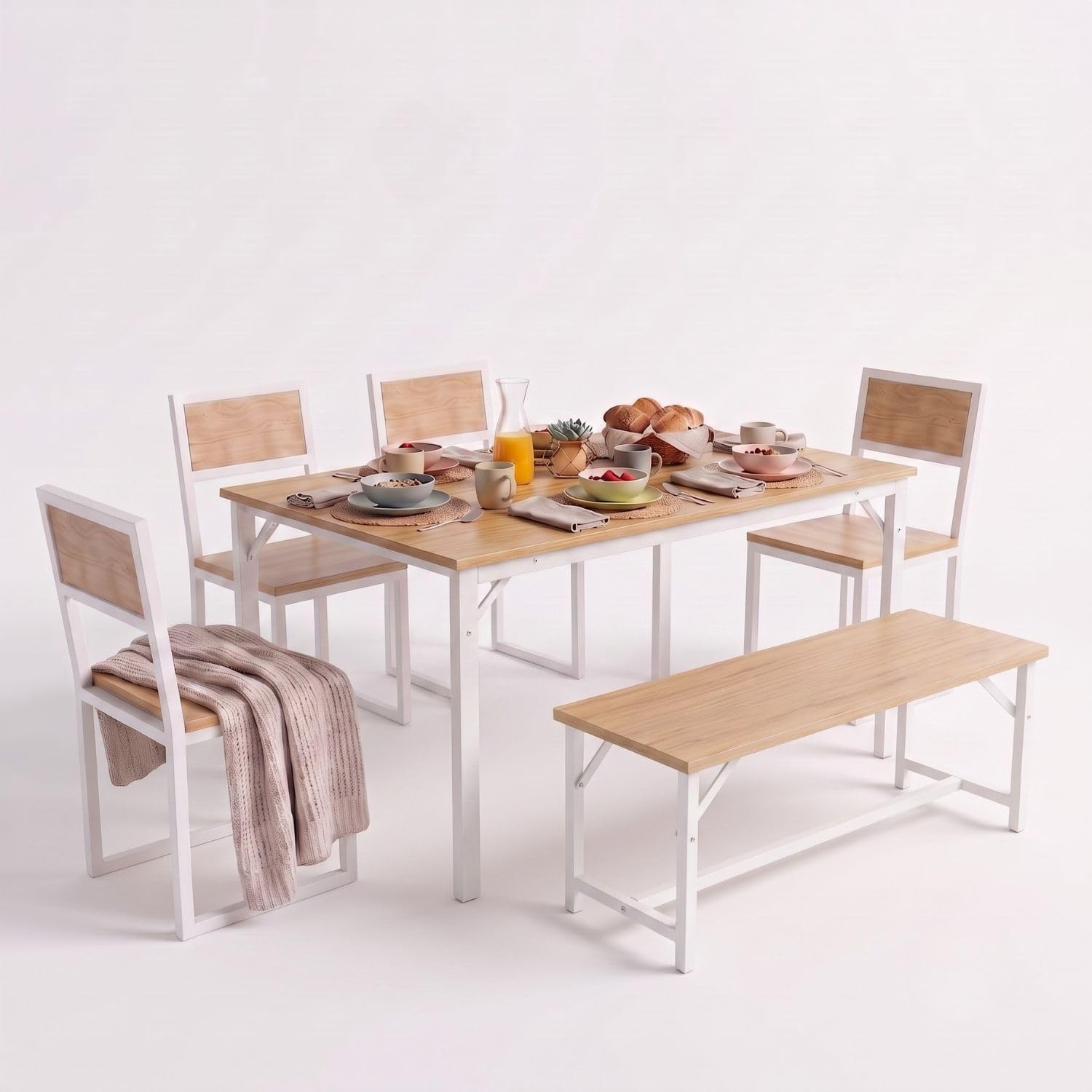 FFO 6 Seater Dining Table Set with 4 Chairs & 1 Bench, Wooden Finish Table Top with White Metal Frame, Space Saving Dining Set for Home, Kitchen, Dining Room, Café & Restaurant-image-31