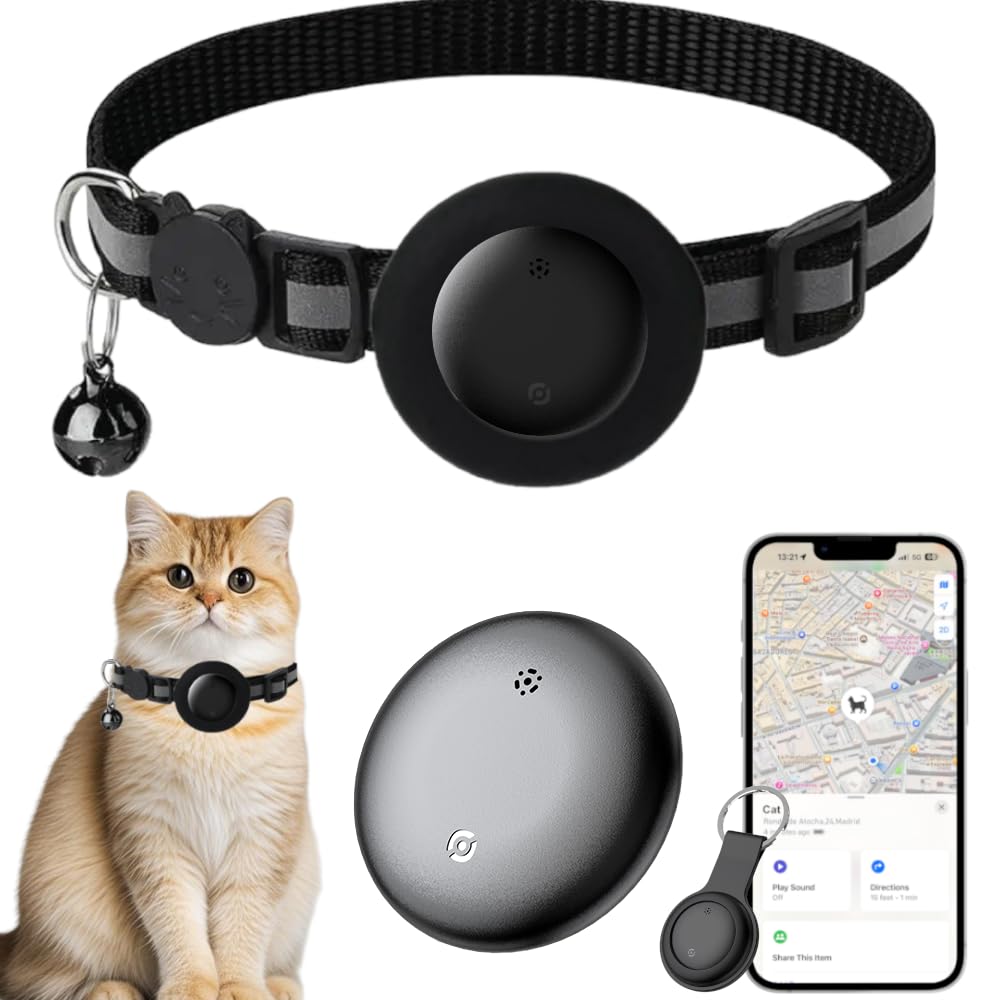 Collar de rastreo para gatos, collar de gato con etiqueta de buscador (solo iOS), compatible con Apple Find My, sin tarifa mensual, collar de gato impermeable con patrón reflectante y rosa campana