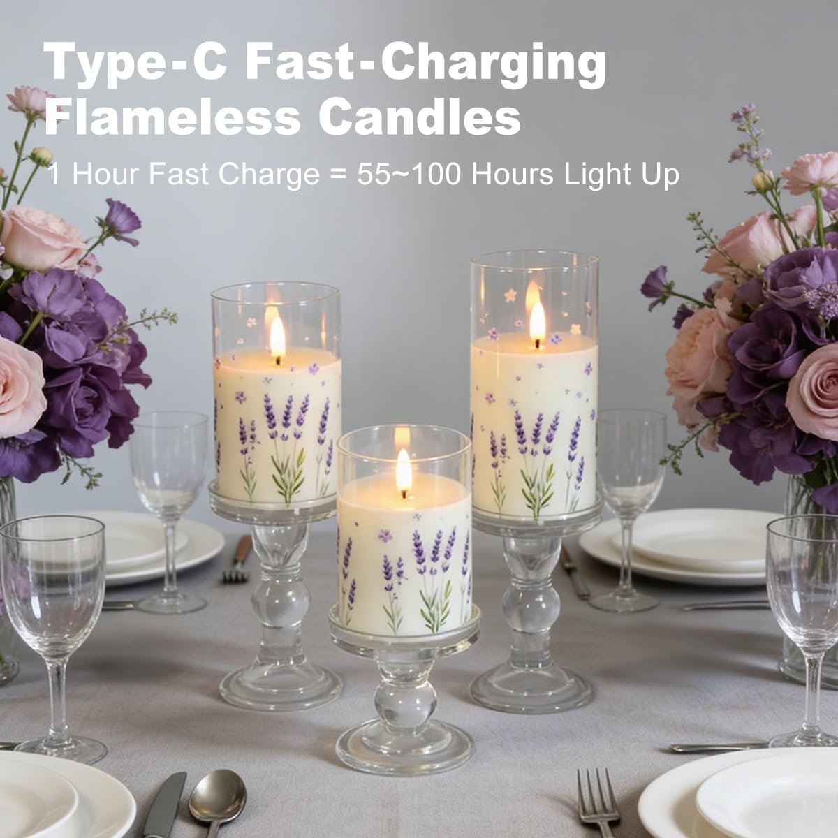 Rechargeable Flameless Lavender Glass Candles, Real Wax Candles Warm Color Flickering Light with Remote and Timer,Festival Home Decor Gifts for Women(Pack of 3)-Lavender