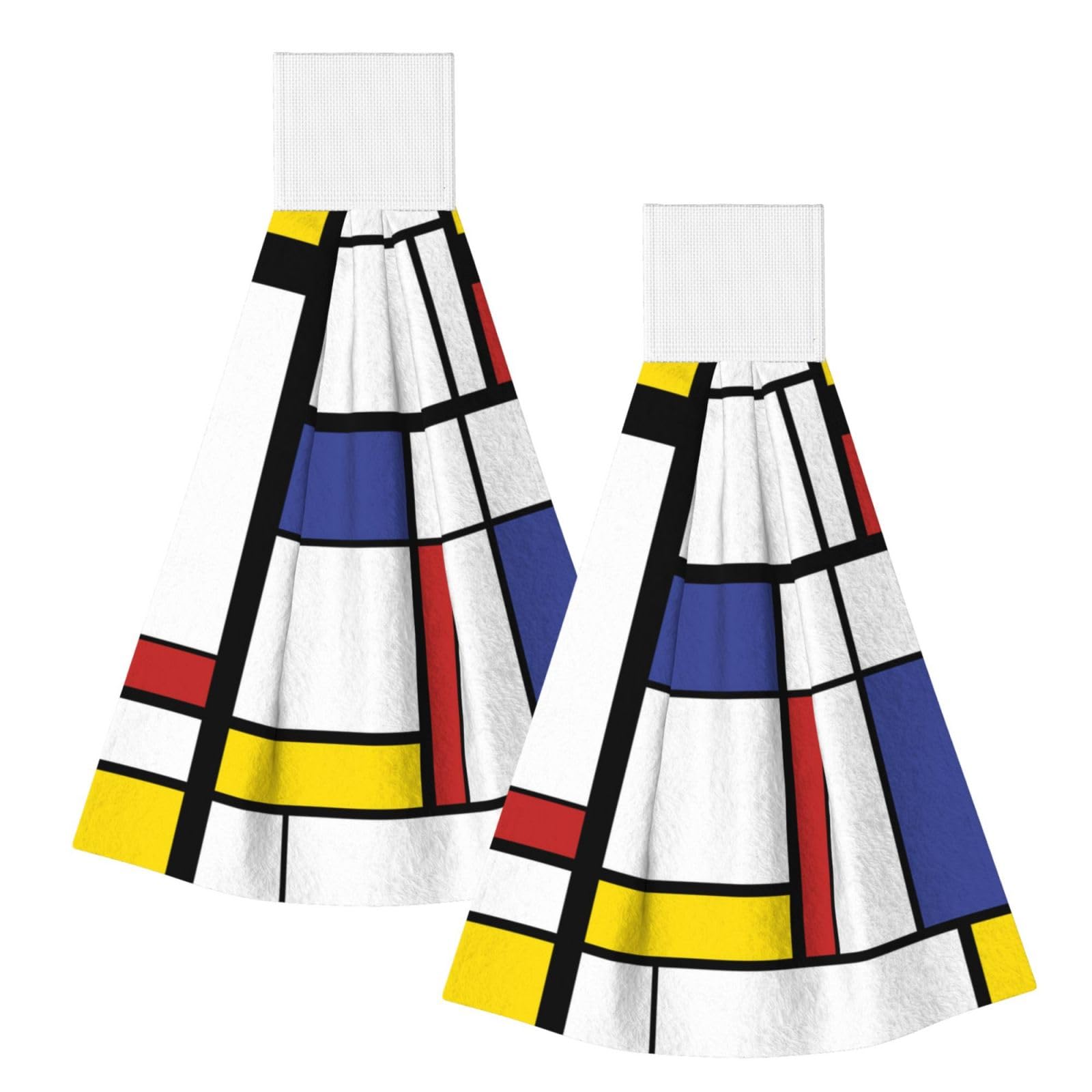 DOPKLNA Print Mondrian Style Painting, 2 Pcs Hanging Coral Fiber Hand Towels for Bathroom, Absorbent Kitchen Towels
