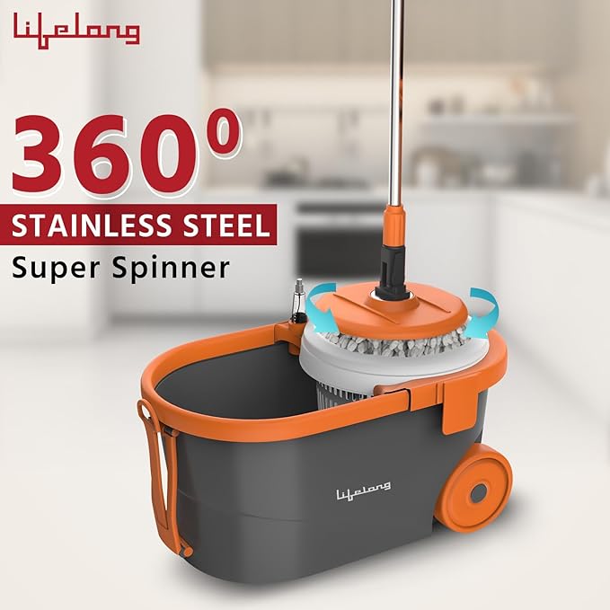 Lifelong 12L Spin Floor Mop Set with Bucket with 360 Degree Spinner, Floor Cleaning & Mopping System, Microfiber Refills (Orange, LLMOP901)