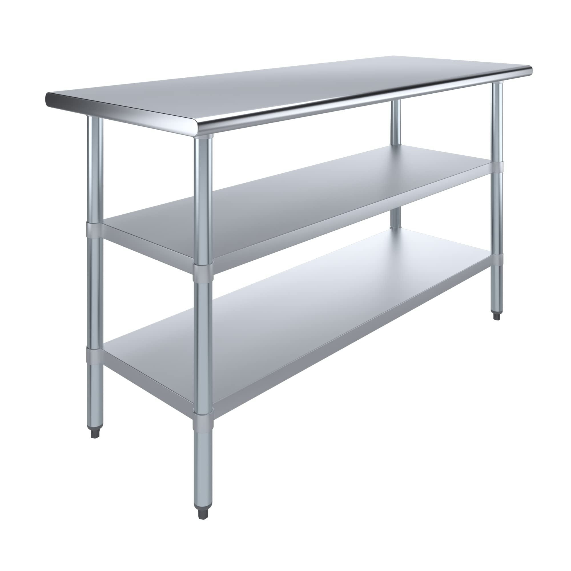 AmGood 60 in. Long x 30 in. Deep Stainless Steel Work Table with 2 Undershelves - NSF 18-Gauge 430 Top, Dual Galvanized Shelves | Commercial Prep Table, Adjustable Feet