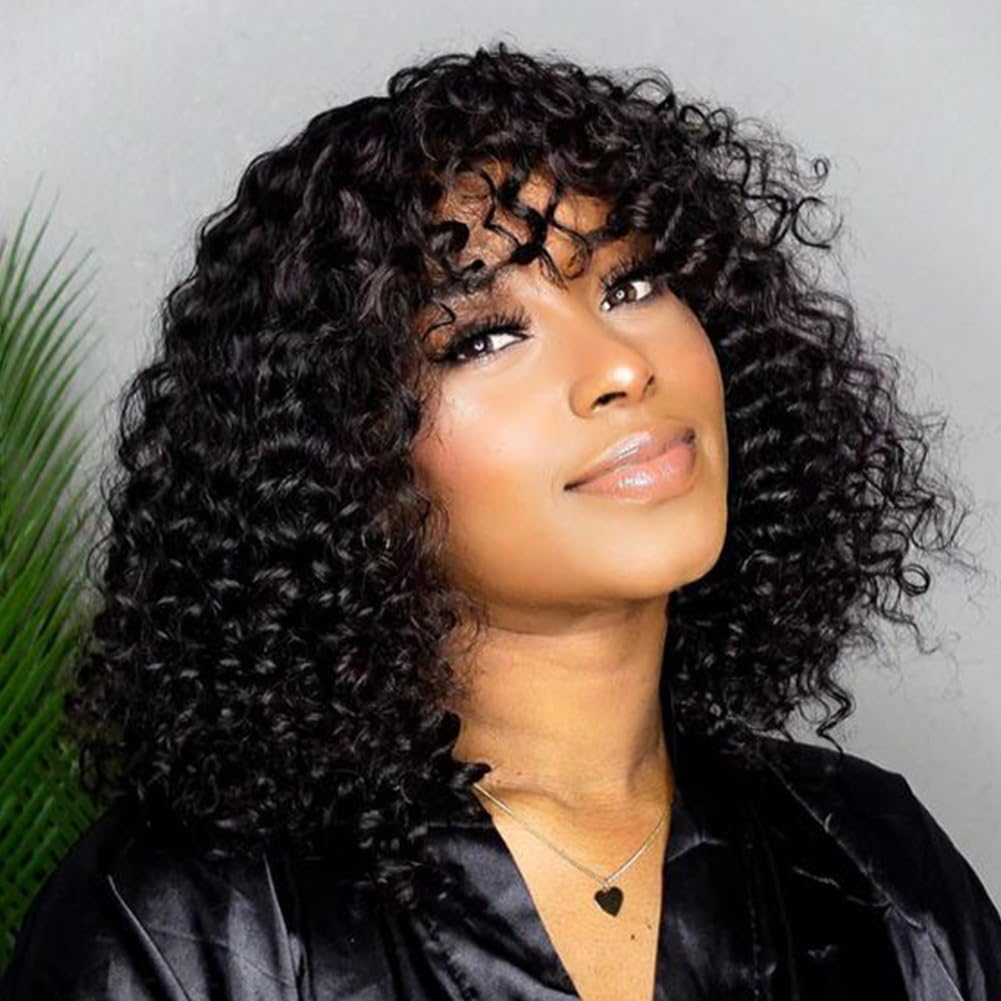 Parrucca dei capelli umani con frangetta, parrucca corta riccia Bob capelli veri Jerry Curl Bob per donne nere 150% densità non pizzo anteriore parrucca senza colla (30 cm, 1B)