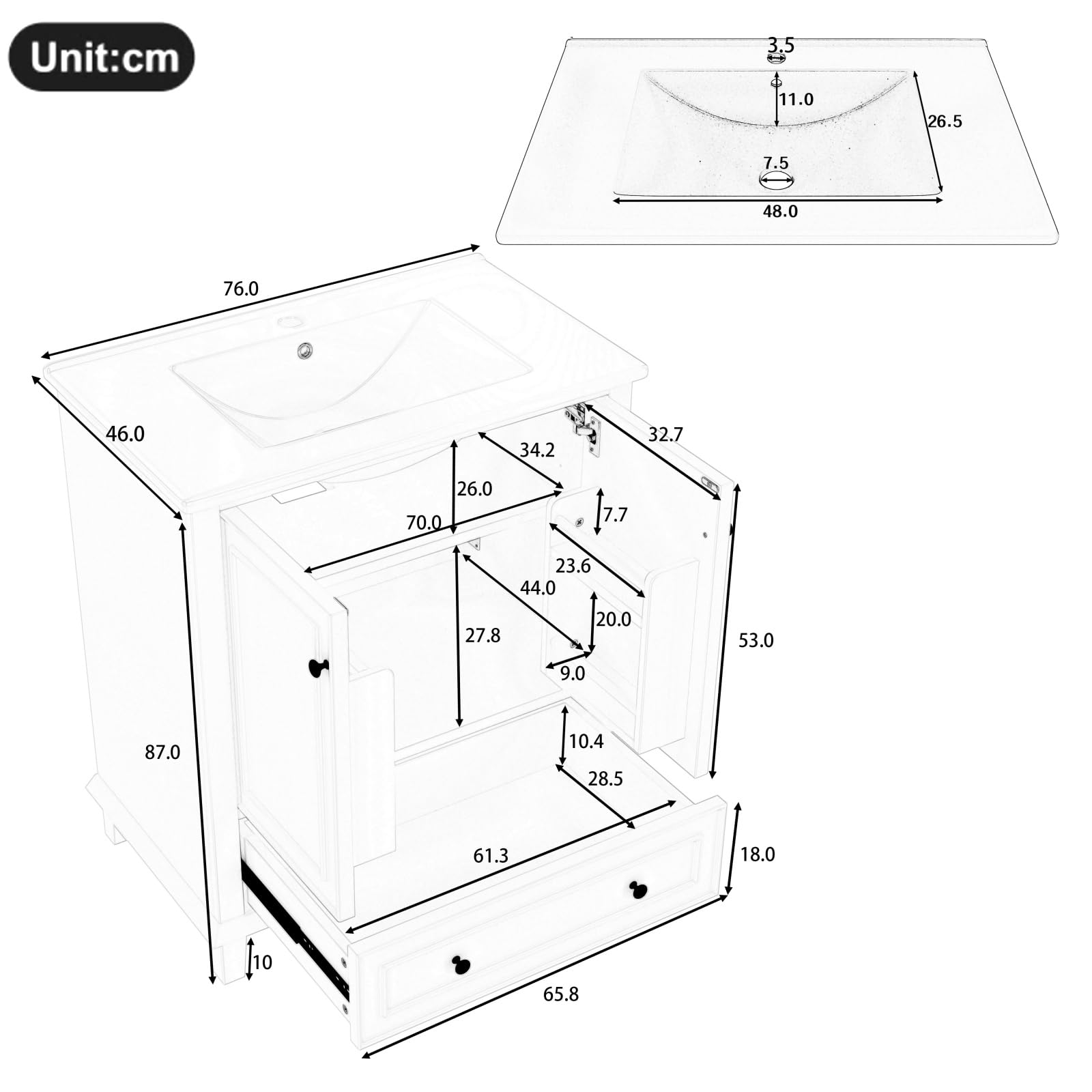 Mobile sottolavello, mobile da bagno con lavabo in ceramica incorporata, mobile portaoggetti con 2 ante e cassetti, gambe in legno massello, design moderno (bianco)