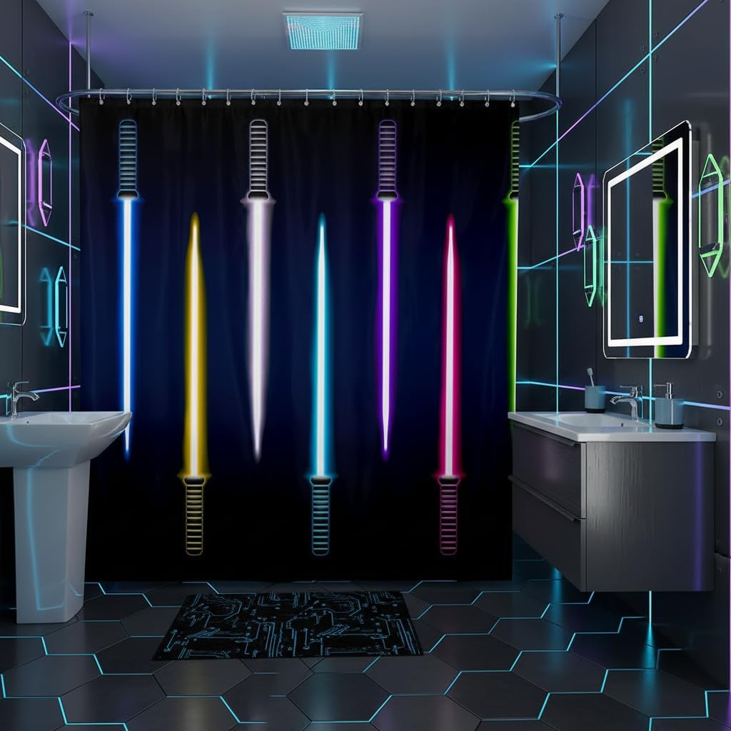 Homewish Decorative Colorful Lightsaber Shower Curtain Waterproof Polyester Fabric,Lightsaber Bath Curtain Home Bathroom Decor Hanging Curtain with Hooks 72 x 78 Inch,Machine Washable