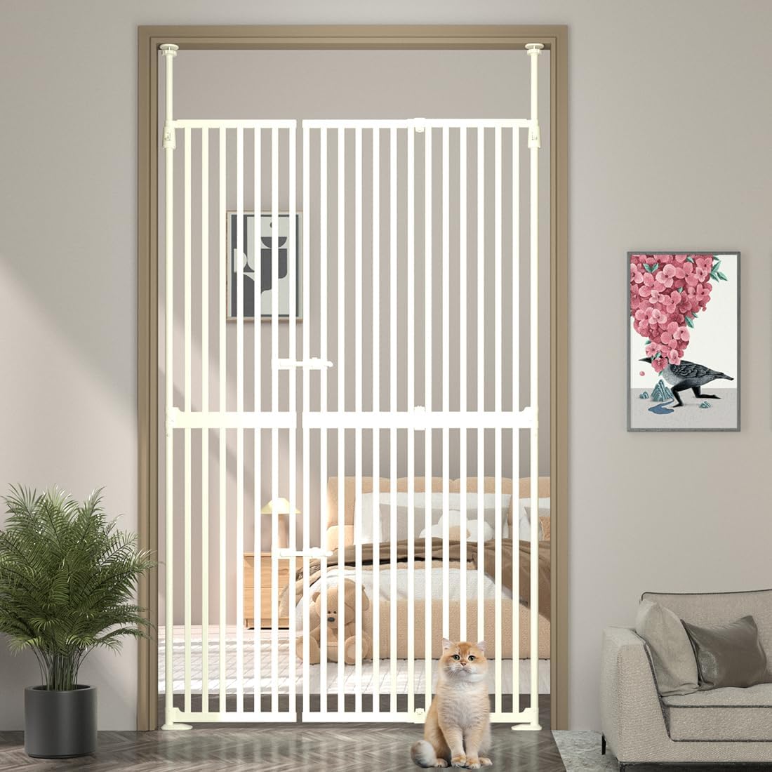 71" Extra Tall Cat Pet Gate, 33.5-47.2 in Wide High Dog Gates for Doorways No Climbing, Kitten Proof Full Door Barrier, Auto Close Large Walk Thru Puppy Gate Pressure Mounted, Indoor White 33.5"-47.2"