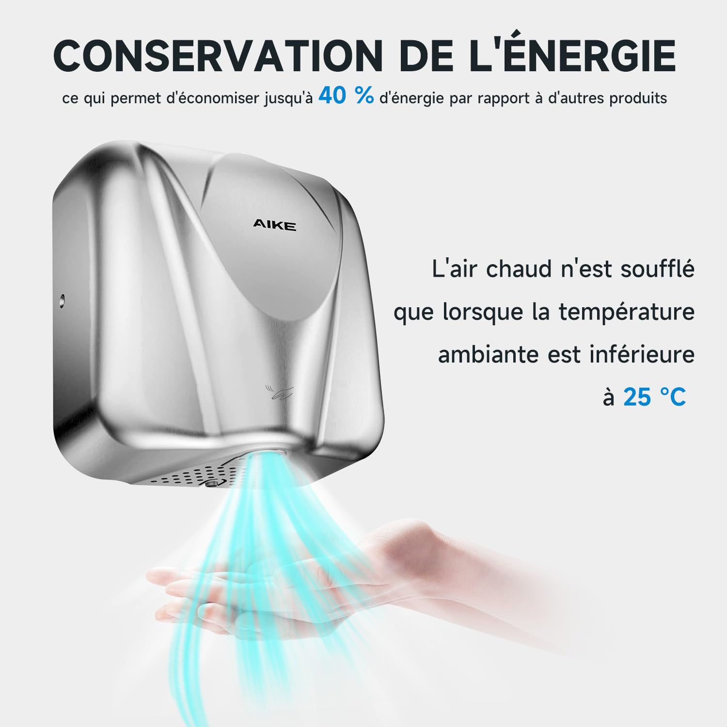 AIKE Elephant Sèche Mains Commercial, Haute Vitesse, Acier Inoxydable Durable pour Toilettes à Fort Trafic, 220V Brossé AK2812