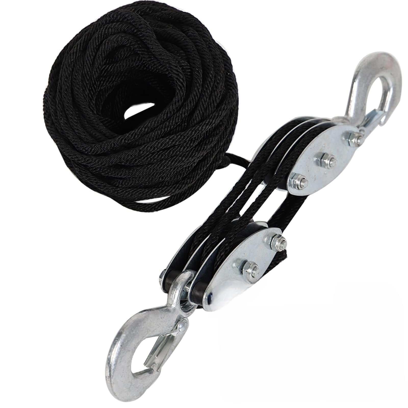 THE WHITE SHOP Heavy-Duty 2,000 LB Breaking Strength 49.21 FT Rope Hoist, Metal Wheels Bearing Structure, 1000 LB Work Load Block and Tackle Pulley System for Lifting Heavy Objects