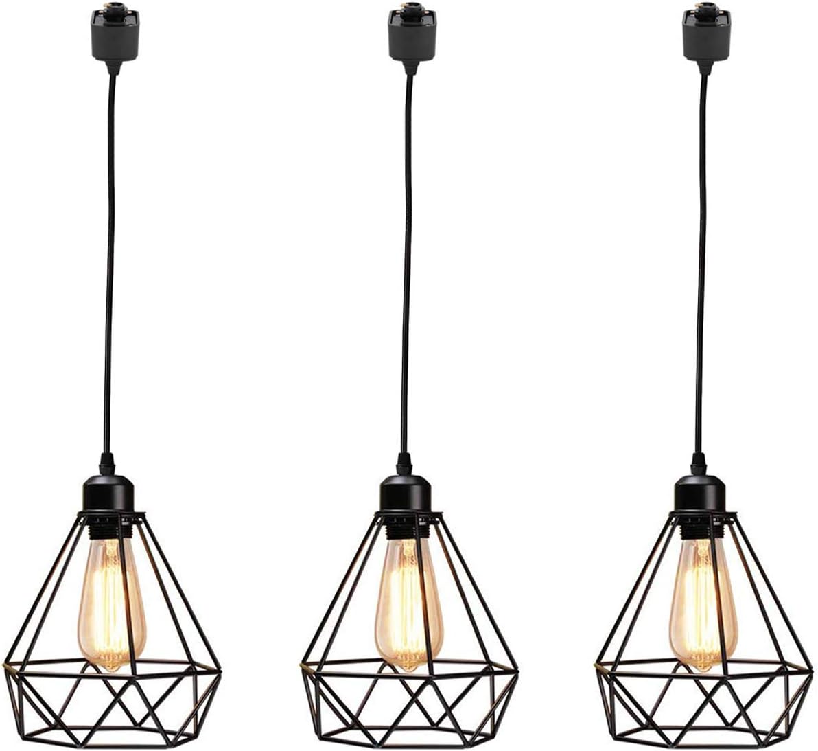 Kiven H-Type Track Pendant Light, 3-Light Retro Pendant Lamp, Matte Black Finish Cage Ceiling Light Fixture for Farmhouse Kitchen Island Dining Room