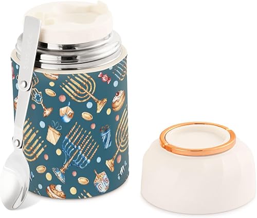 MCHIVER Hanukkah Bread Food Jar with Spoon Stainless Steel Vacuum Insulated Food Container 17 oz Soup Thermos for Adults